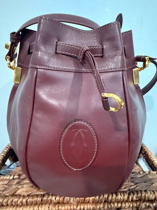 Cartier Handbags - Vintage Must de Cartier Bordeaux Leather Drawstring Bucket Bag Gold Hardware